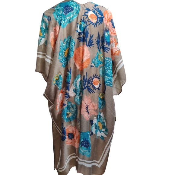 Woven Heart L Taupe Floral Open Front Kimono Gold Metallic Accent Tropical Boho - Picture 4 of 8
